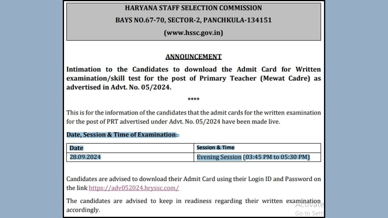 HSSC JBT Admit Card 2024