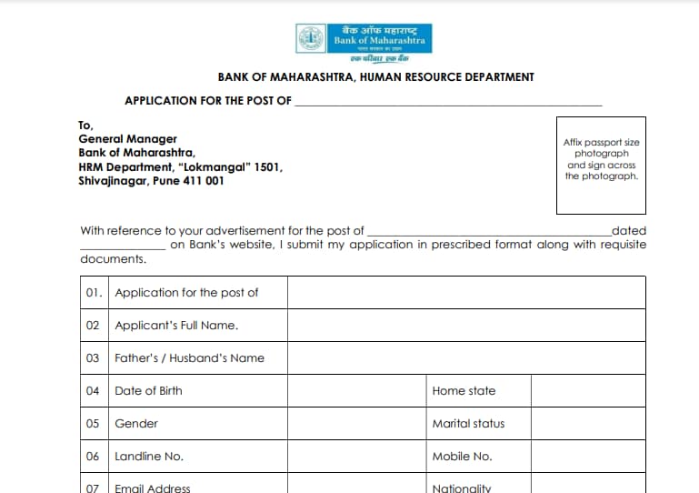 Bank of Maharashtra Application Form 2024