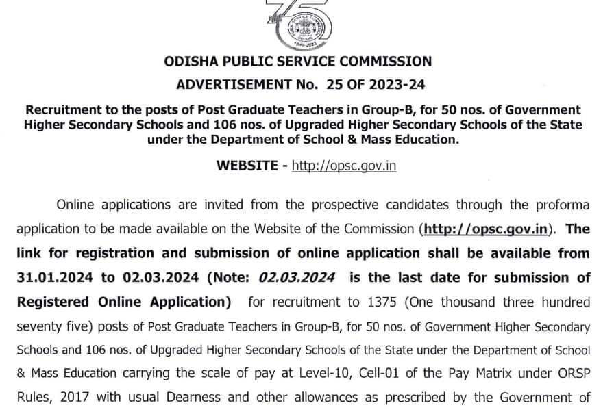 OPSC PGT Teacher Notification 2024