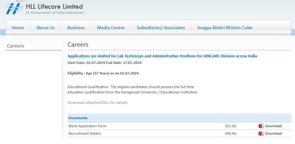 HLL Lifecare Application Form Link